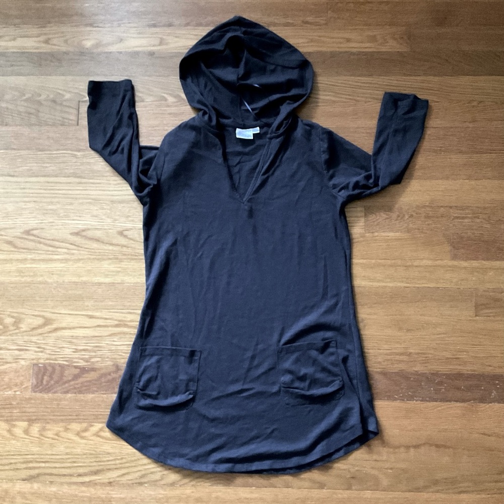 Beach Swim Cover Up, Solid Navy with Hood & Front Pockets Women’s Small